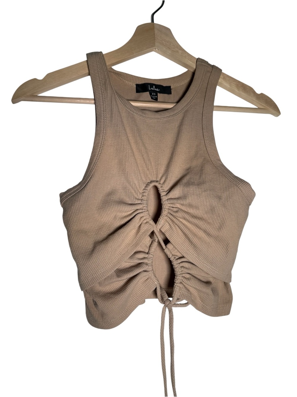 Lulus Taupe Tan Ribbed Ruched Drawstring Crop Tank Top XS